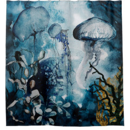 クラゲ、黄金色のアクセントを持つシーグラス シャワーカーテン