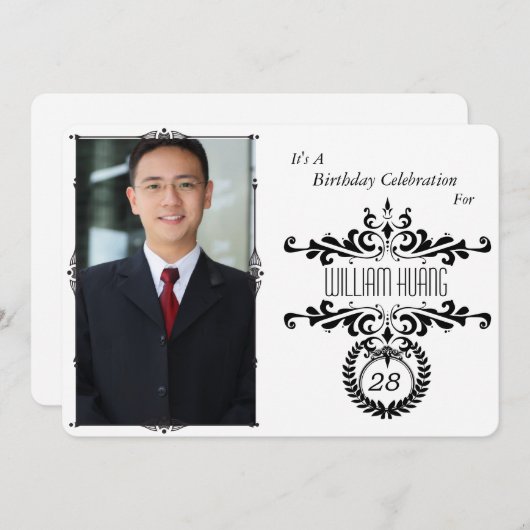 クラシエレガントーな白黒フォト誕生日招待状 招待状 (正面/裏面)