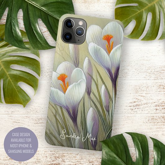 クラシカルで上品なクロッカスの植物画 iPhoneケース