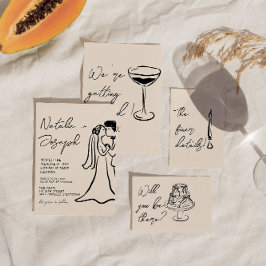 クラシカルで手描きのカップル 高級感のあるレトロな結婚式 招待状