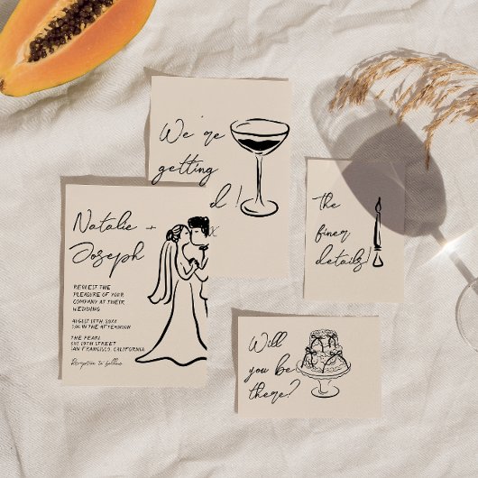 クラシカルで手描きのカップル 高級感のあるレトロな結婚式 招待状