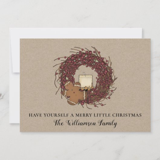 クラシカルなカントリーの実のリースと汚れたキャンドルのクリスマスカード シーズンカード (正面)