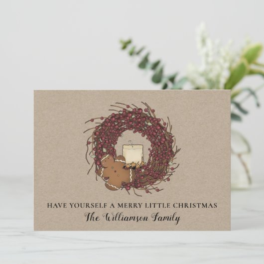 クラシカルなカントリーの実のリースと汚れたキャンドルのクリスマスカード シーズンカード (スタンド正面)