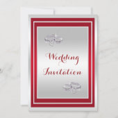 クラシカルなシルバー＆レッド、ダイヤモンドの結婚指輪 ウェディング 招待状 (正面)