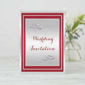 クラシカルなシルバー＆レッド、ダイヤモンドの結婚指輪 ウェディング 招待状 (スタンド正面)