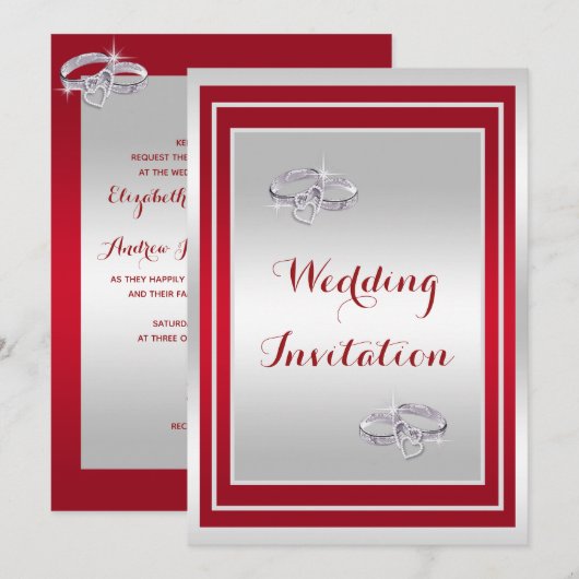クラシカルなシルバー＆レッド、ダイヤモンドの結婚指輪 ウェディング 招待状 (正面/裏面)