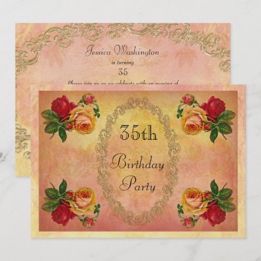 クラシカルなバラの35歳の誕生日 招待状 (正面/裏面)