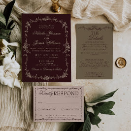 クラシカルなバーガンディ フラワー オールド マニー ボーホー シック ウェディング 招待状