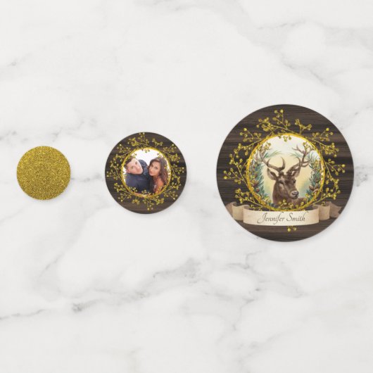 クラシカルなビンテージクリスマス鹿の写真 ゴールドモノグラム コンフェッティ (裏面)