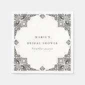 クラシカルなブラックとホワイトのアートデコ オーナメント ブライダルシャワー スタンダードカクテルナプキン (正面)