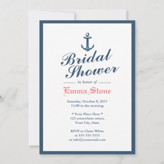 クラシカルなブルーのフチにアンカーの nautical なデザインの結婚前お茶会 招待状 (正面)
