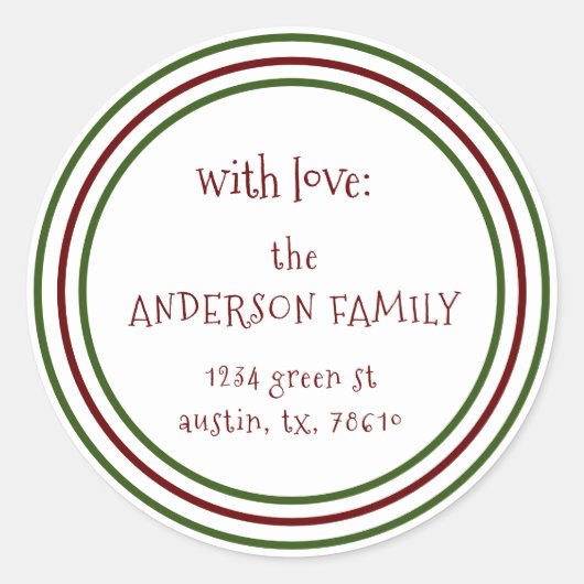 クラシカルなホリデーカラーの装飾的なスクリプト ラウンドシール (正面)