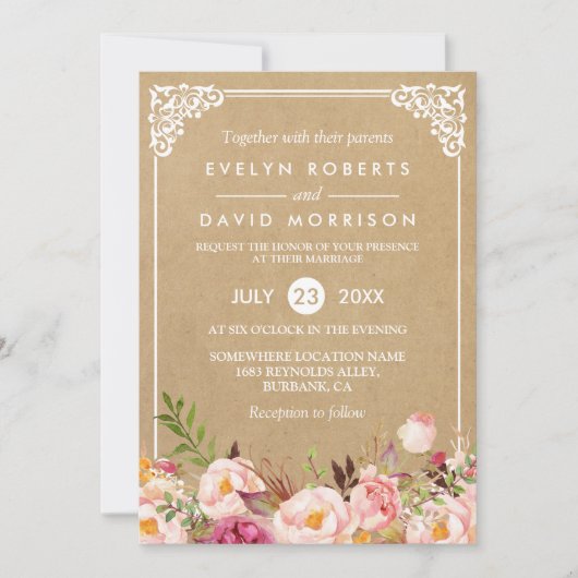 クラシカルなラスティック フローラル フレーム クラフト | フォーマル ウェディング 招待状 (正面)