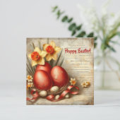 クラシカルなレトロな赤いイースターエッグと水仙 シーズンカード (スタンド正面)