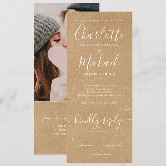 クラシカルな予算の手書き文字 オールインワンの写真付きウェディング招待状 招待状 (正面/裏面)