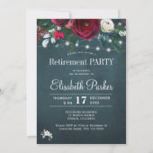 クラシカルな冬の花の赤いネイビーの退職パーティー 招待状 (正面)