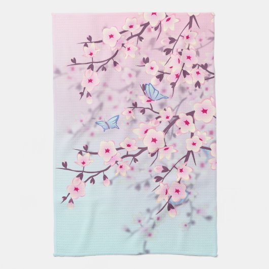 クラシカルな桜の風景 ピンク ブルー キッチンタオル (縦)