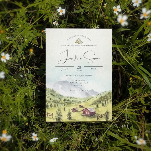 クラシカルな水彩山林パインウェディング 招待状