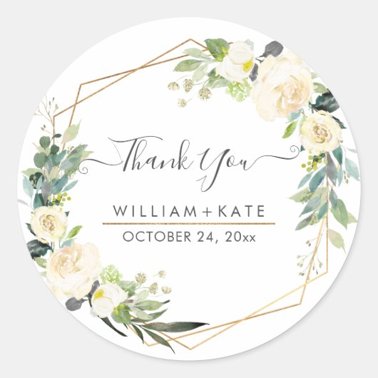 クラシカルな水彩画のイボリークリームローズ感謝 ラウンドシール (正面)