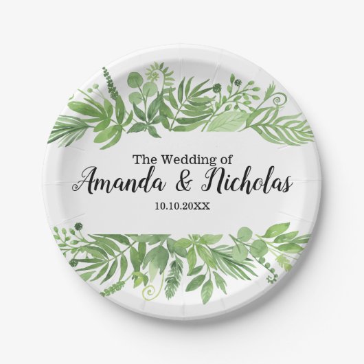 クラシカルな水彩画のワイルド メドウの緑の結婚式 ペーパープレート (正面)