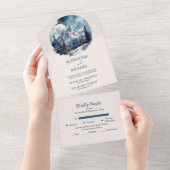 クラシカルな水彩画風の山々と森林のウィンターウェディング オールインワン招待状 (貼ってはがせる)