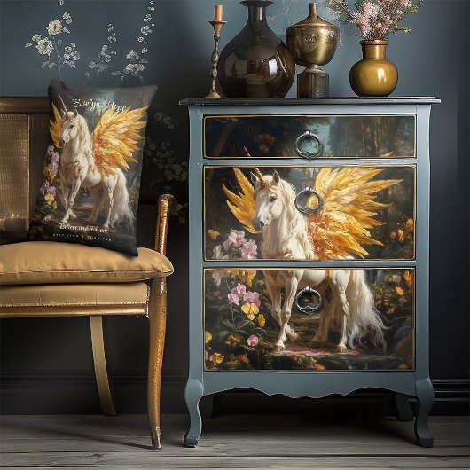 クラシカルな絵画 白いペガサス ゴールドの翼 ランバークッション