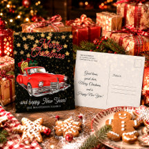 クラシカルな車に乗ったサンタクロースのクリスマスグリーティングカード