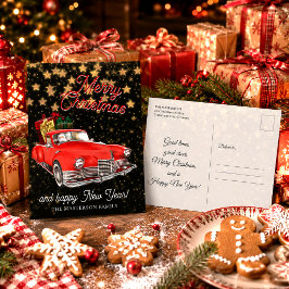 クラシカルな車に乗ったサンタクロースのクリスマスグリーティングカード ポストカード