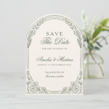 クラシカルな高級感あふれるオリーブグリーンのアーチモチーフの結婚式のSave The Date