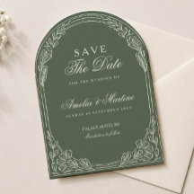 クラシカルな高級感あふれるオリーブグリーンのアーチモチーフの結婚式のSave The Date