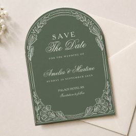 クラシカルな高級感あふれるオリーブグリーンのアーチモチーフの結婚式のSave The Date 招待状