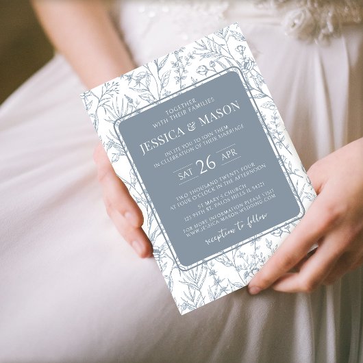 クラシカルほこりっぽい青フローラ結婚式招待状 招待状