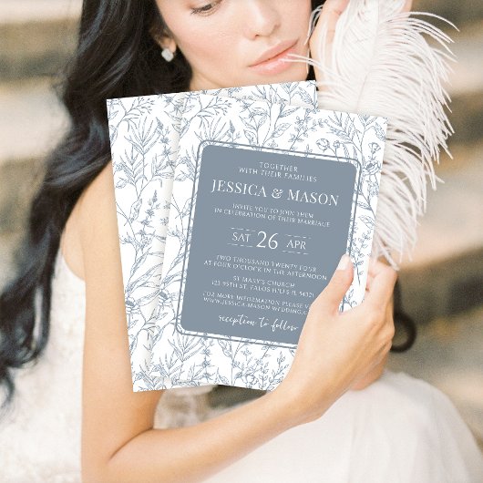 クラシカルほこりっぽい青フローラ結婚式招待状 招待状