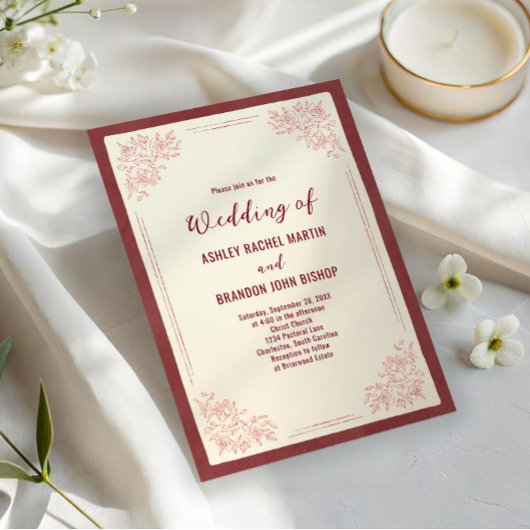 クラシカルボタニカル ウェディング バーガンディ ガーデンパーティー 招待状