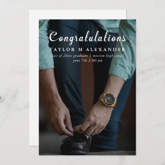 クラシックおめでとうのスクリプト写真の卒業 案内状 (正面/裏面)