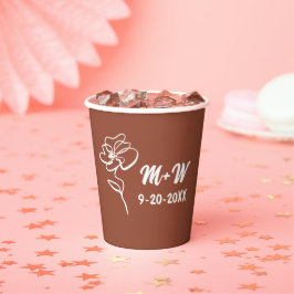 クラシックかつモダンなボヘミアン風の焦茶色の花のスケッチ 紙コップ