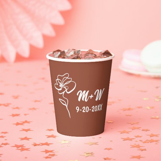 クラシックかつモダンなボヘミアン風の焦茶色の花のスケッチ 紙コップ (インサイチュ)