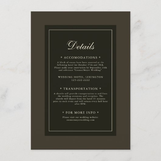 クラシックでエレガントなダークオータムブラウンの結婚式の詳細 エンクロージャーカード (正面)