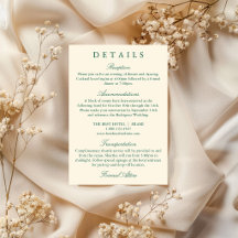 クラシックでシンプルなエメラルドグリーンの結婚式詳細カード