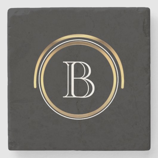 クラシックでモノグラムのなイニシャル|のエレガントで黒い金ゴールド ストーンコースター (正面)