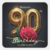 クラシックで上品な赤いバラの装飾が施された金色の90歳の誕生日 スクエアシール (正面)