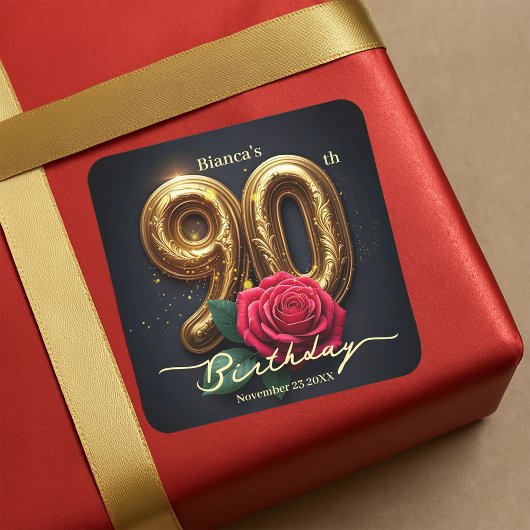 クラシックで上品な赤いバラの装飾が施された金色の90歳の誕生日 スクエアシール