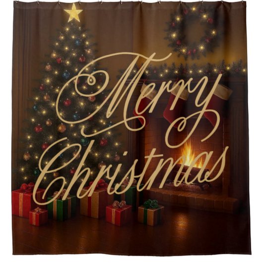 クラシックで伝統的なメリークリスマス  シャワーカーテン (正面)