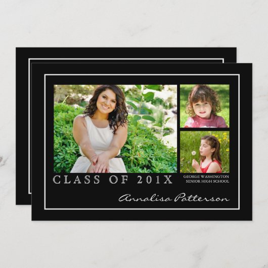 クラシックで及びエレガントな卒業3の写真の発表 招待状 (正面/裏面)