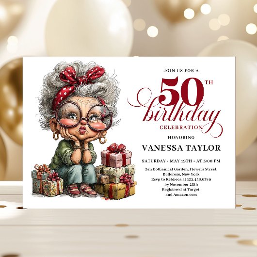 クラシックで変わった女性の50歳の誕生日 ユーモアあふれる 招待状