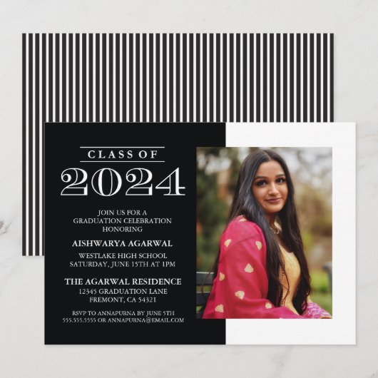 クラシックで大胆な2024年卒業生の卒業式招待状 招待状 (正面/裏面)