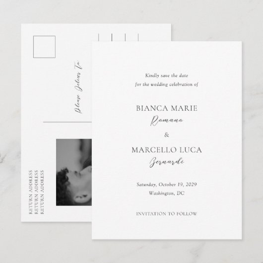 クラシックで永遠の結婚式のSave the Date 案内ポストカード (正面/裏面)