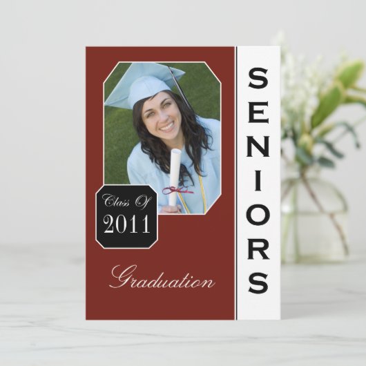 クラシックで赤い写真の卒業の発表 案内状 (スタンド正面)