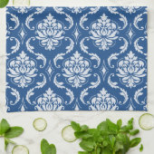 クラシックで青いダマスク織パターン キッチンタオル (折り畳み)