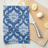クラシックで青いダマスク織パターン キッチンタオル (四つ折り)